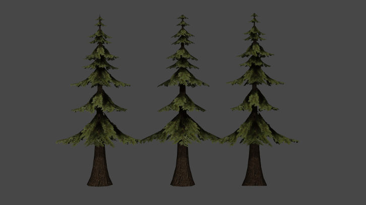Pine tree with 3 levels of LOD in Blender